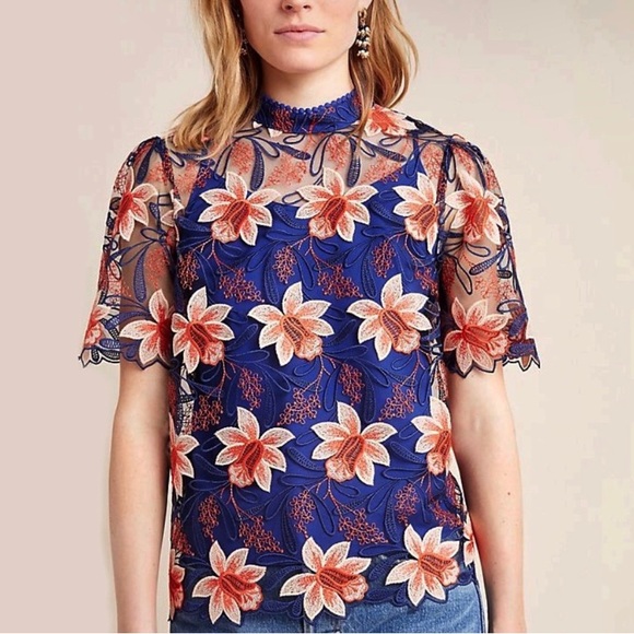 Anthropologie Tops - Anthropologie Blue Floral Print Mock Neck Semi Sheer Callaway Swing Blouse Sz 00